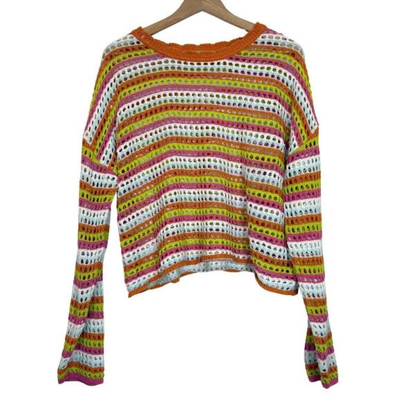 Pink Lily Open Knit Pink, Orange, and White Knit Summer Sweater Size: Large - Picture 2 of 6